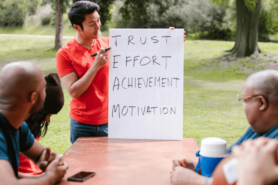 A man holding up a sign that says trust, effort, achievement and motivation.