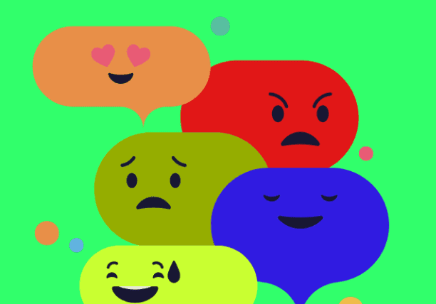 A group of people with different colored speech bubbles.