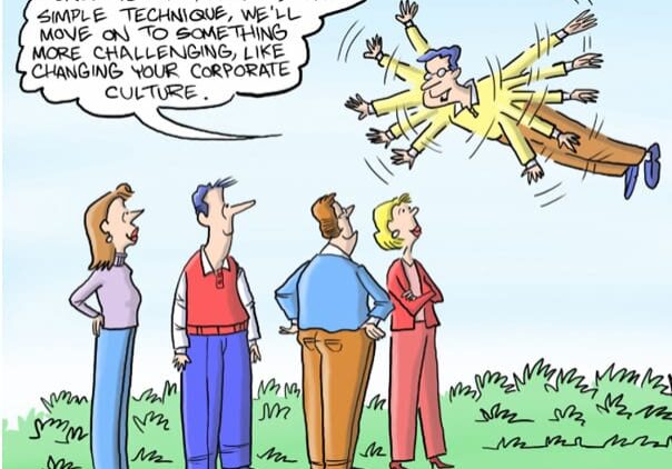 A cartoon of people standing in the grass looking at an object.